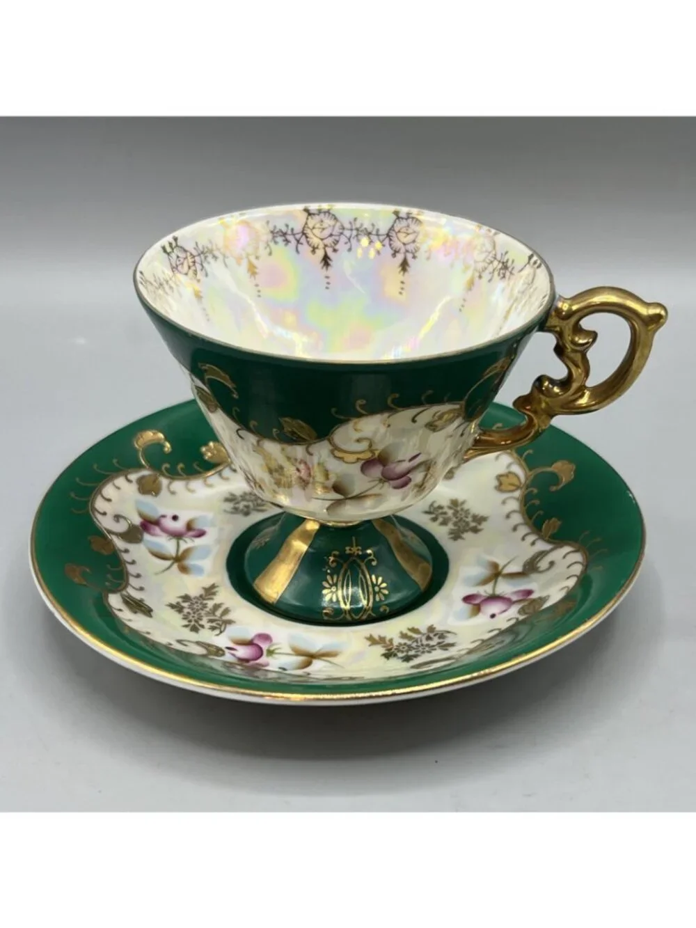 Vtg 50’s Lusterware Tea Cup Saucer Green Gold Trim Masculine Royal Sealy Japan